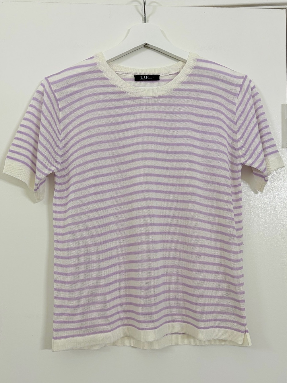 LAP Lavender Striped Knit Short Sleeve Sweater Top Crew Neck Korean XS/S